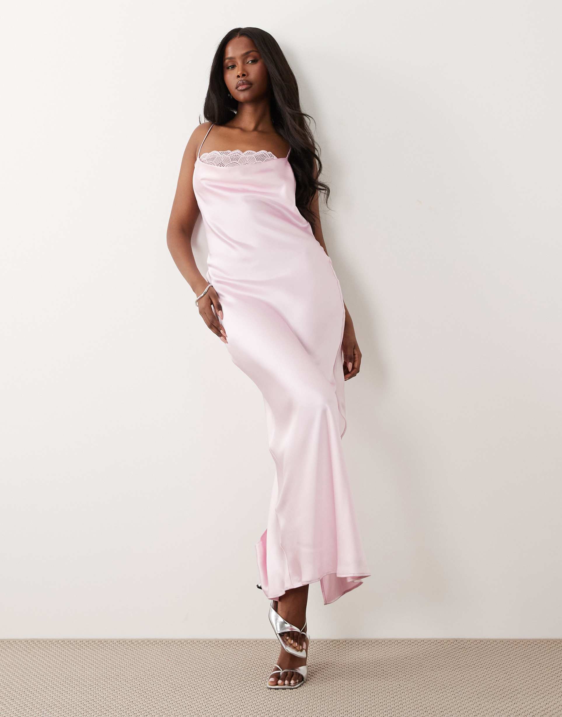 vila lace insert cowl neck satin cami maxi dress in cherry blossom pink