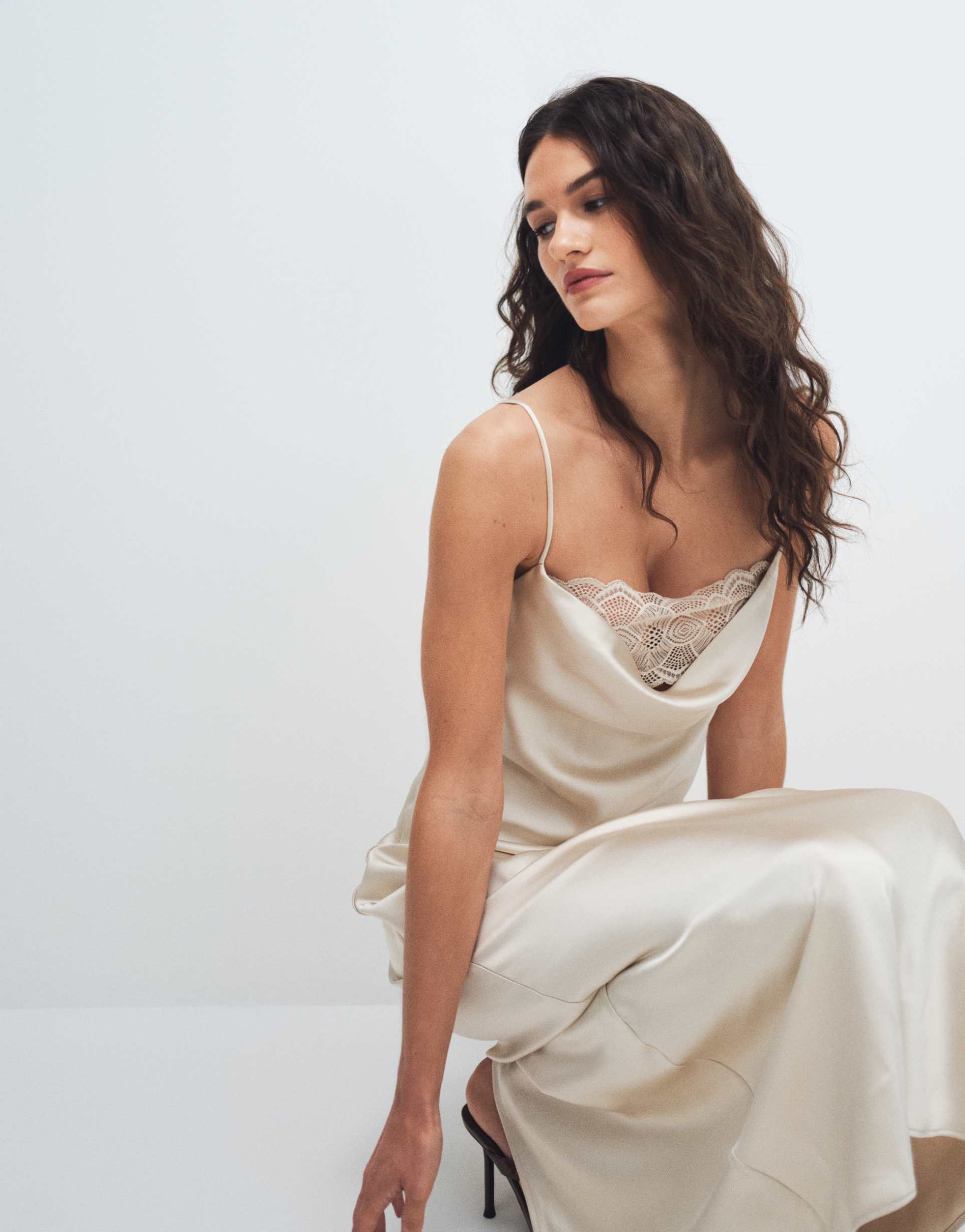 vila lace insert cowl neck satin cami maxi dress in cream