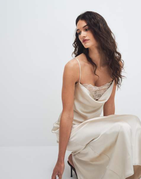 Vila lace insert cowl neck satin cami maxi dress in cream