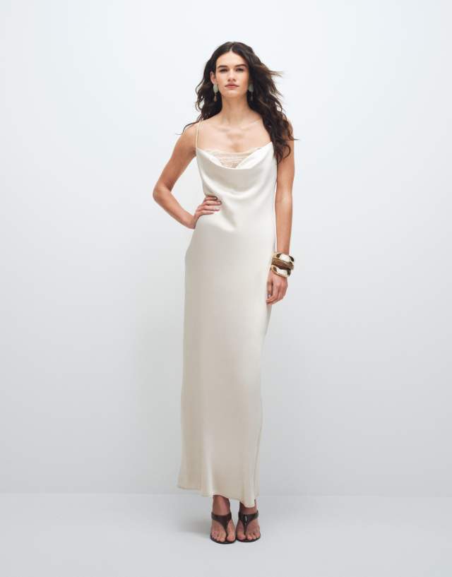VILA lace insert cowl neck satin cami maxi dress in cream | ASOS