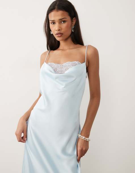Vila lace insert cowl neck satin cami maxi dress in light blue - view 1
