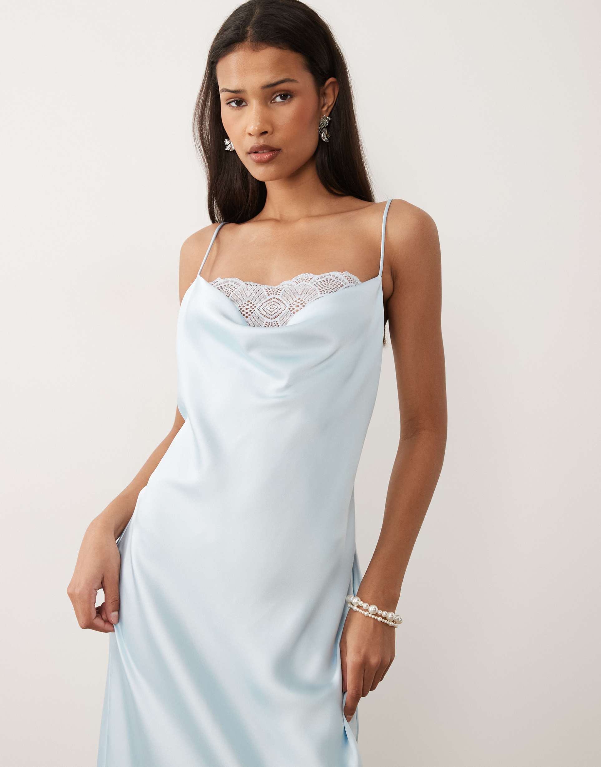 vila lace insert cowl neck satin cami maxi dress in light blue