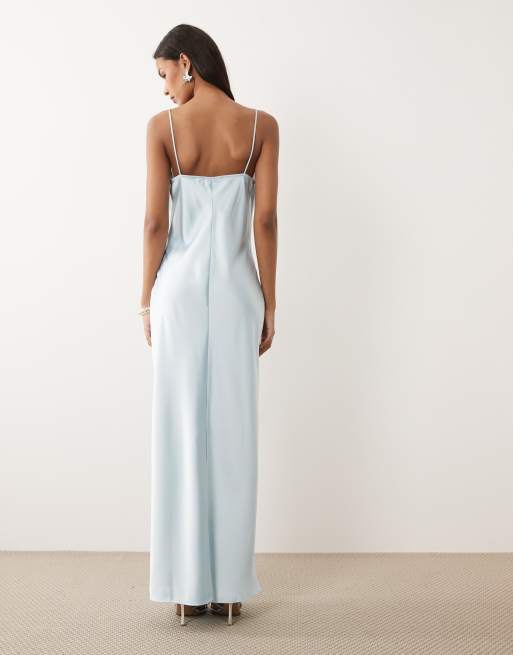 VILA lace insert cowl neck satin cami maxi dress in light blue, 4 of 4