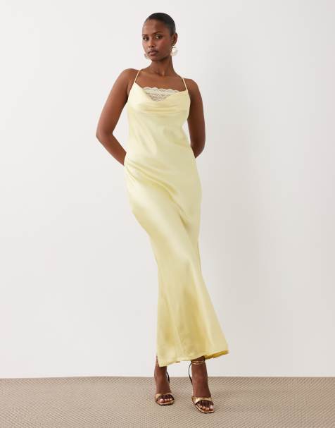 Vila lace insert cowl neck satin cami maxi dress in pastel yellow - view 1