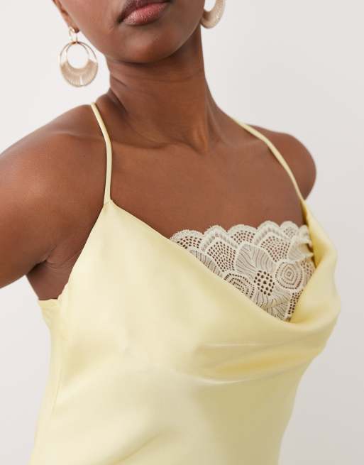 VILA lace insert cowl neck satin cami maxi dress in pastel yellow, 3 of 4