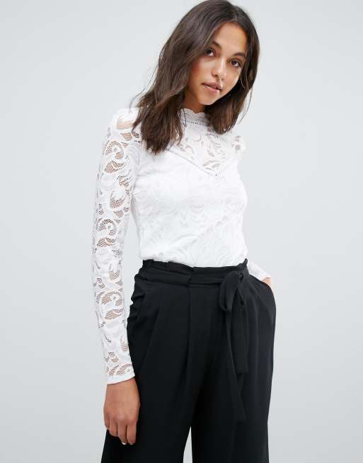 White Full Sleeves High Neck Top With Lycra Lace