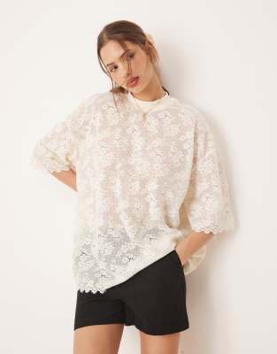 lace oversized boyfriend fit t-shirt in cream-White