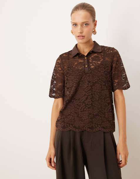 Vila lace polo with gold buttons in chocolate brown - view 1