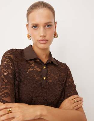Vila Lace Polo With Gold Buttons In Brown