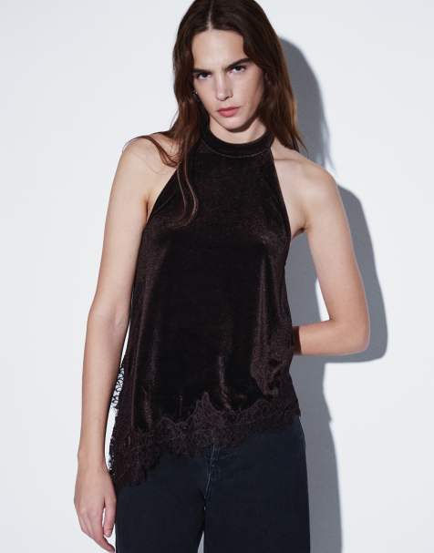 Vila lace trim asymmetric halter neck velvet top in brown