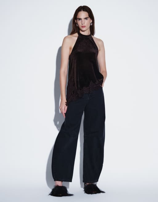 Vila lace trim asymmetric halter neck velvet top in brown, 2 of 8