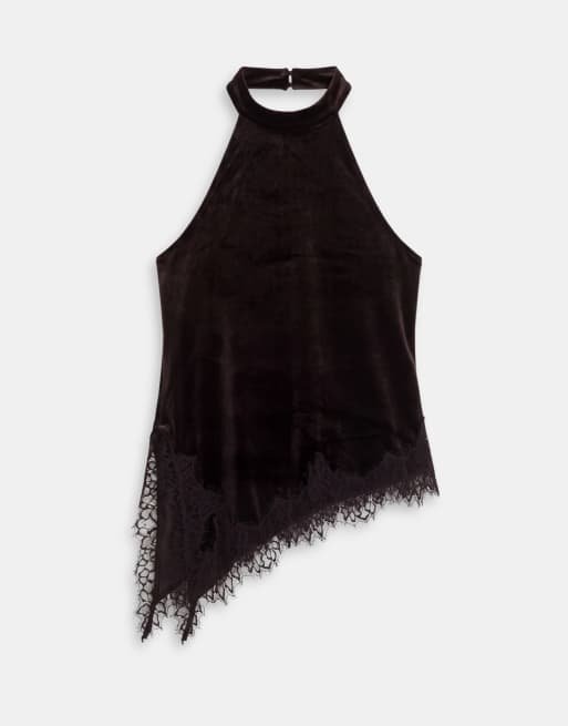 Vila lace trim asymmetric halter neck velvet top in brown, 5 of 8