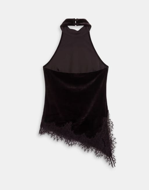 Vila lace trim asymmetric halter neck velvet top in brown, 6 of 8
