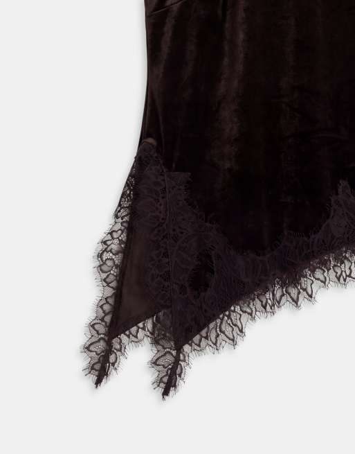Vila lace trim asymmetric halter neck velvet top in brown, 8 of 8