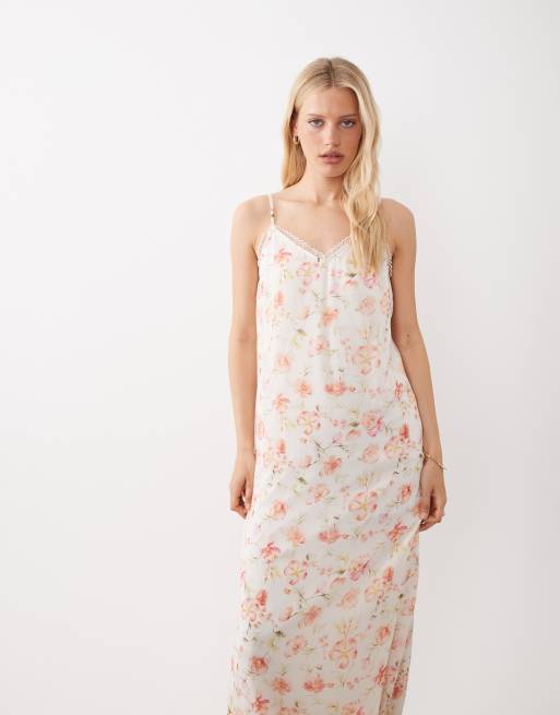 Vila lace trim cami midi dress in white and blue floral print, 2 of 4