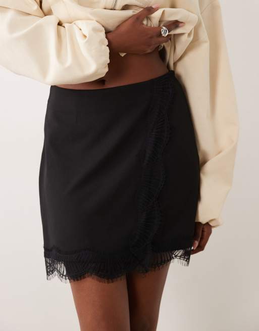 Vila lace trim mini skirt in black, 3 of 5