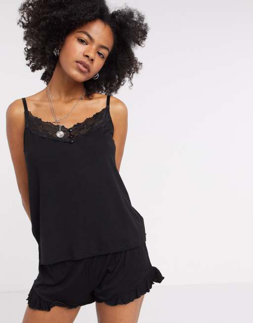 Vila Lace Trim Pyjama Cami Top In Black Asos