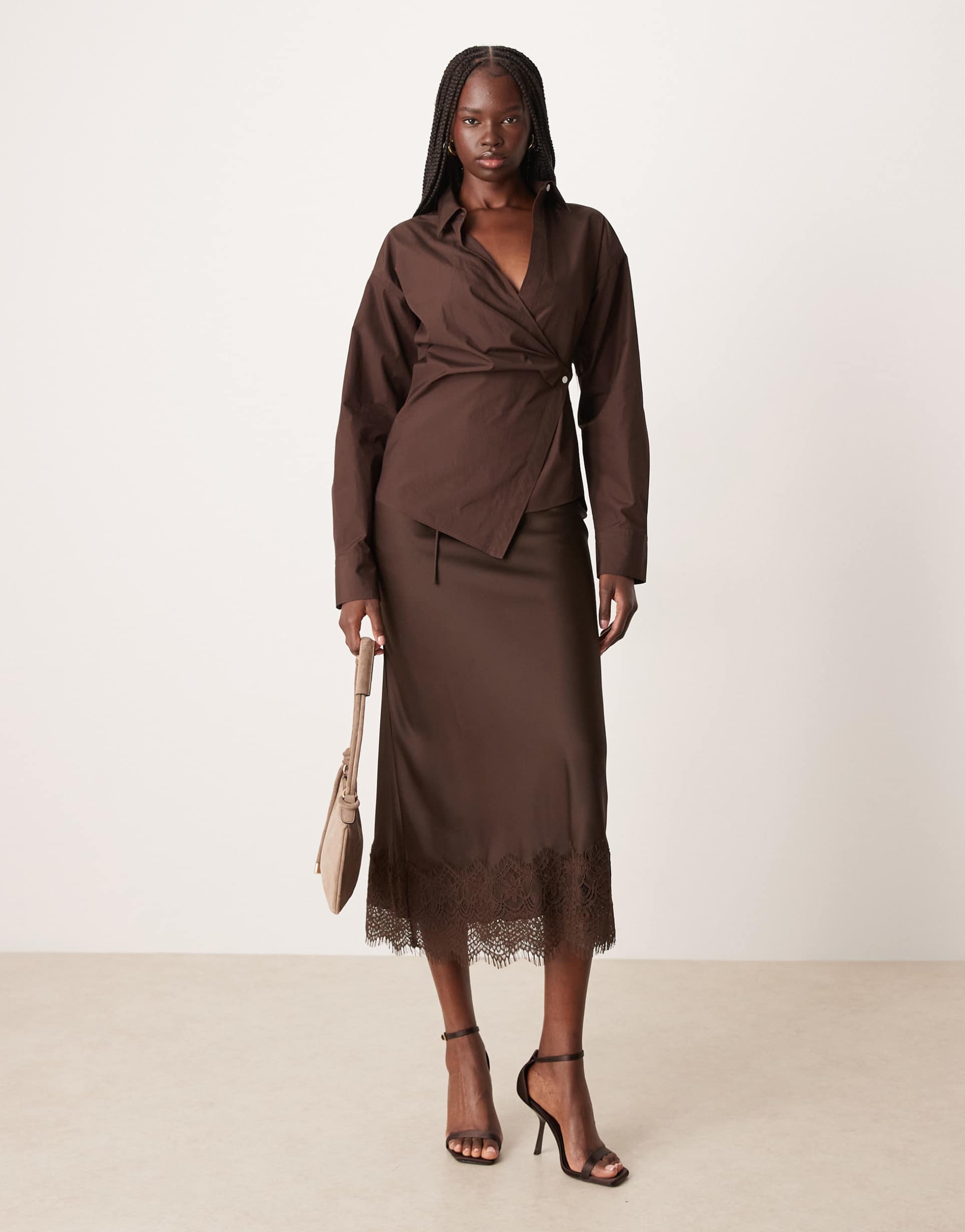 vila lace trim satin maxi skirt in chocolate brown