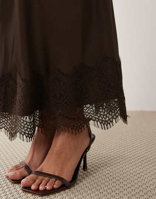Vila lace trim satin maxi skirt in chocolate brown, 3 of 5