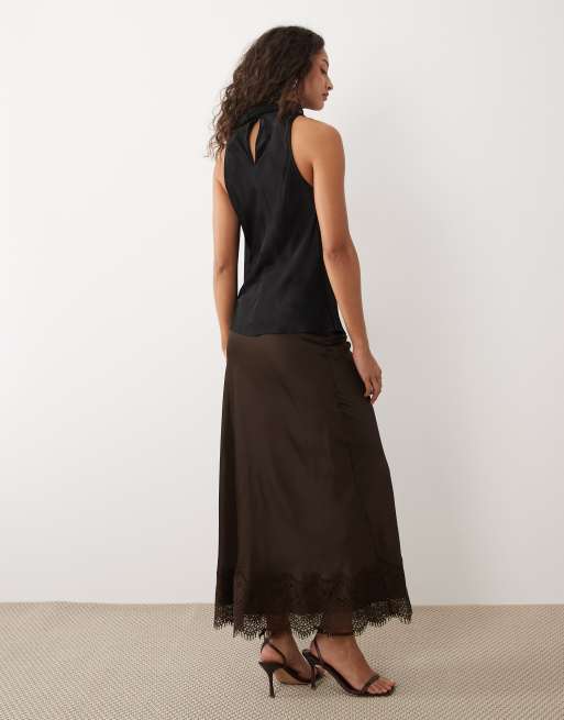 Vila lace trim satin maxi skirt in chocolate brown, 4 of 5