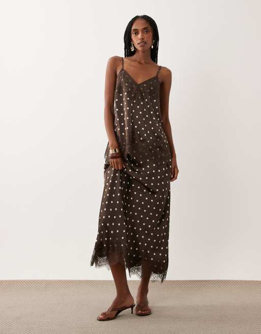 VILA lace trim satin set in cream and chocolate polka dot, 2 of 3