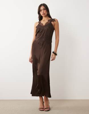 Vila Lace Trim Satin Midi Dress In Brown