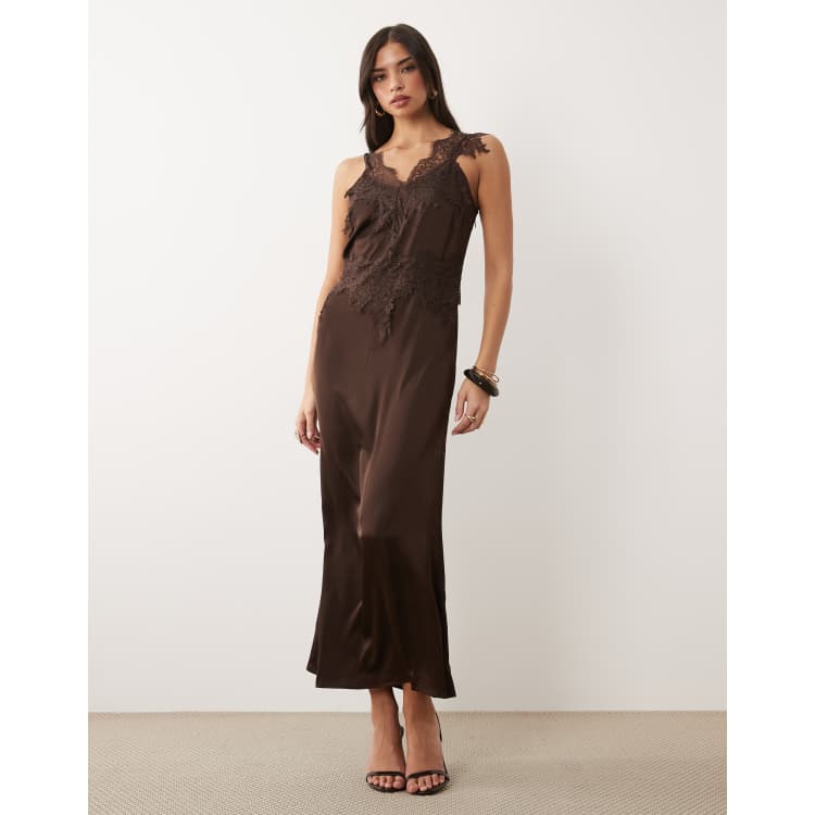 VILA lace trim satin midi dress in chocolate brown | ASOS