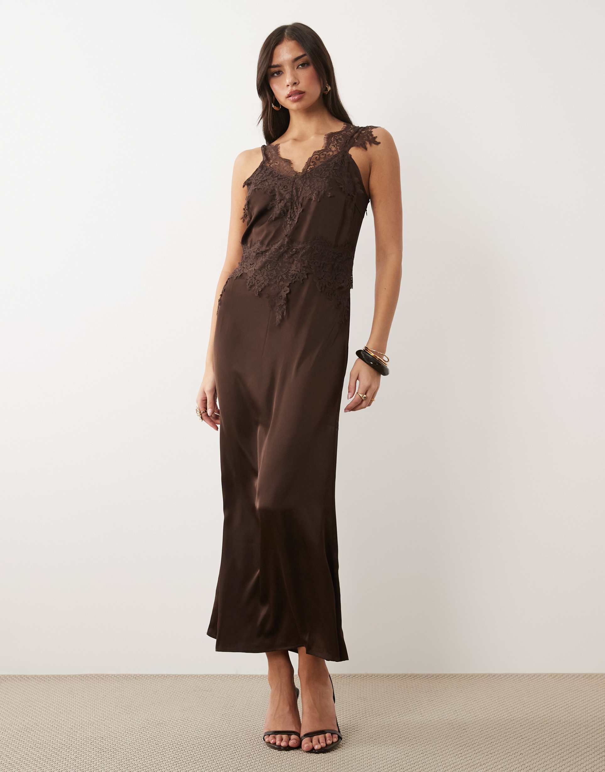 vila lace trim satin midi dress in chocolate brown