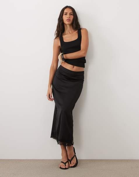 Vila lace trim satin midi skirt in black - view 1