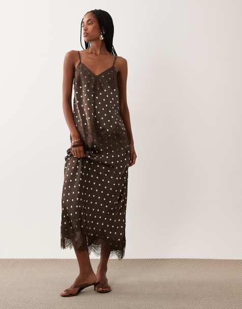 VILA lace trim satin set in cream and chocolate polka dot - view 1