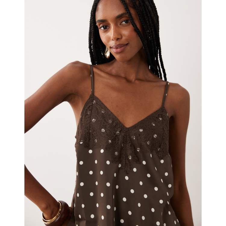 VILA lace trim slit side satin cami top in chocolate brown - part
