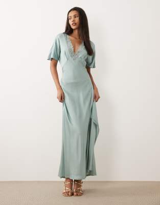 Vila Lace Trim V Neck Satin Maxi Dress In Blue
