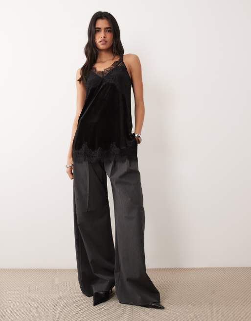 Vila lace trim velvet cami top in black, 2 of 4