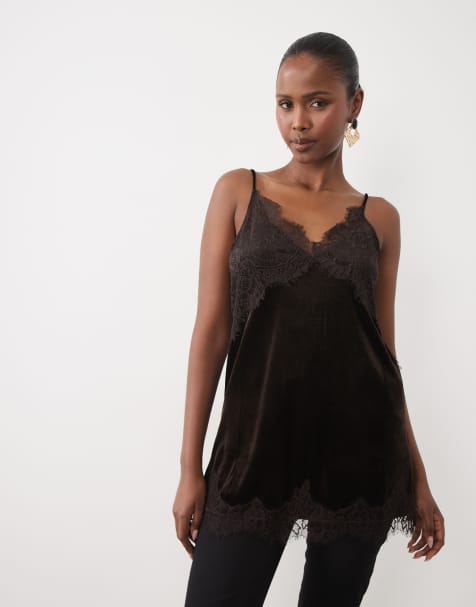 Vila lace trim velvet cami top in chocolate brown - view 1