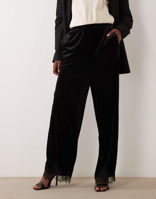 Vila lace trim wide leg velvet pants co-ord in black, 4 of 5