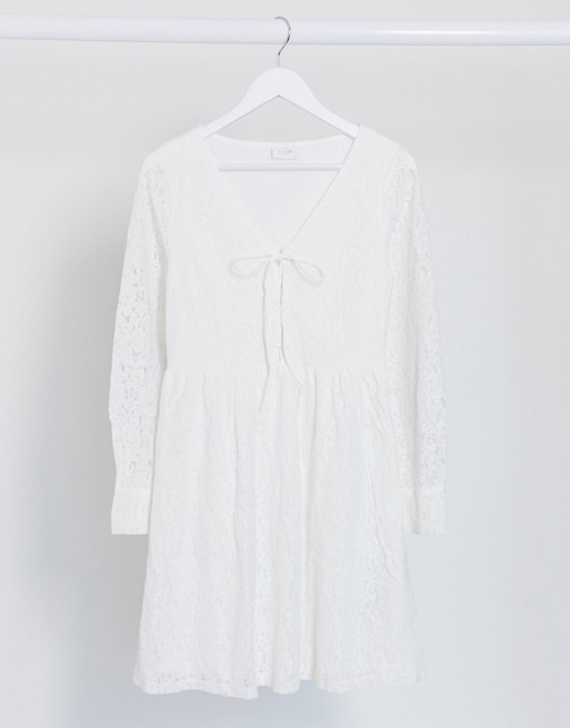 Vila lace up lace dress in white