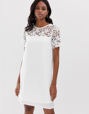 Vila lace yoke shift mini dress-White