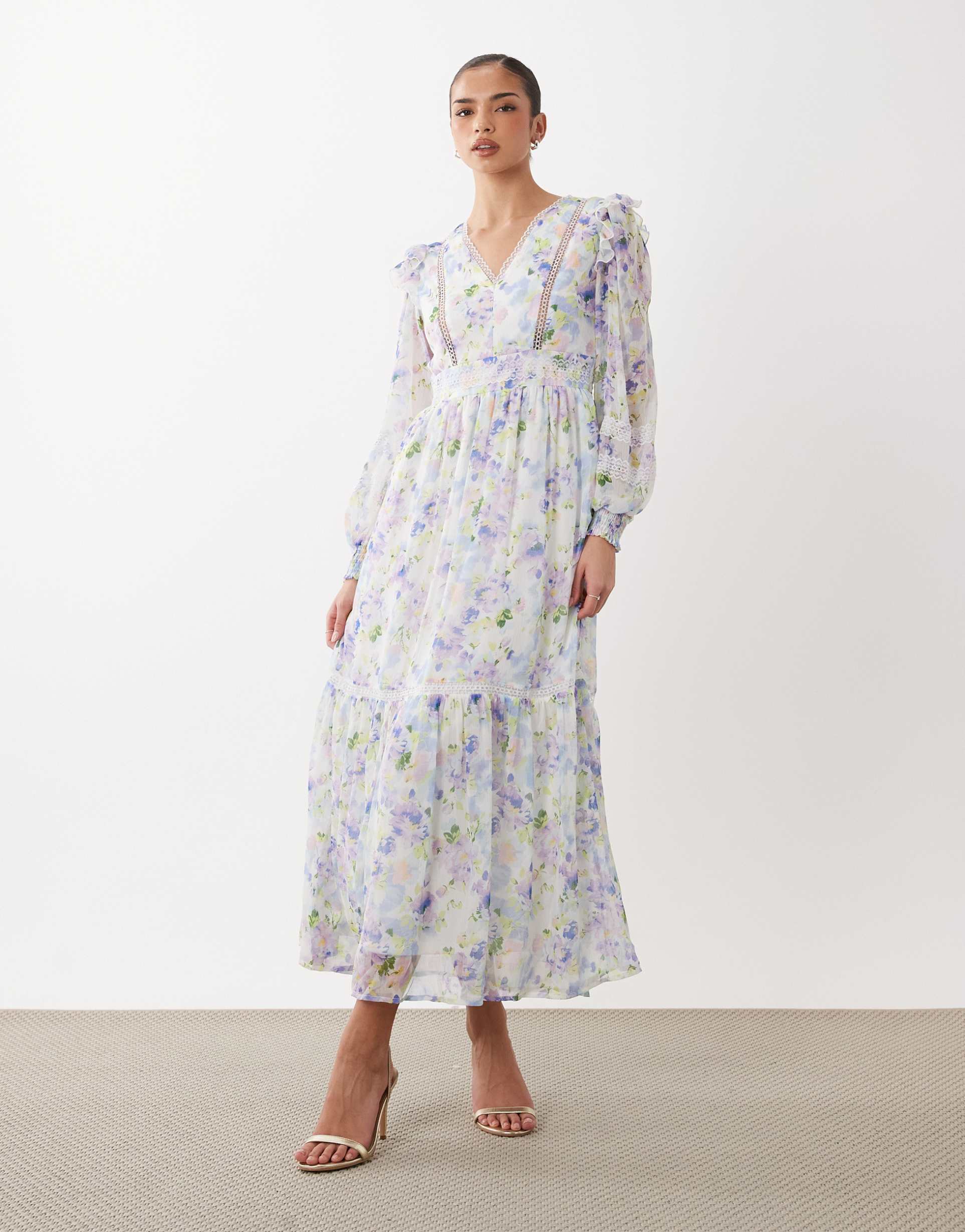 vila ladder lace frill detail maxi dress in white floral print