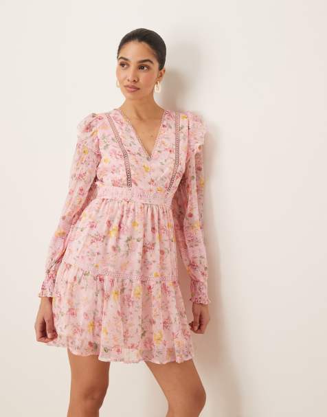 Vila ladder lace frill detail mini dress in peach floral print - view 1