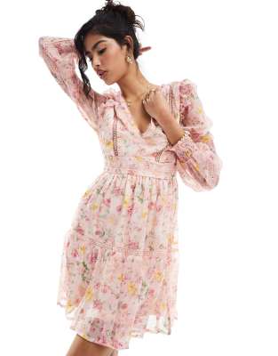Vila ladder lace frill detail mini dress in pink floral print - view 1