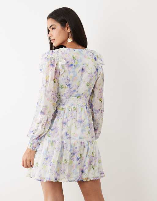 Vila ladder lace frill detail mini dress in white floral print, 4 of 4