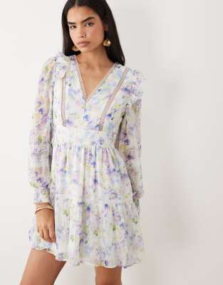 Vila Ladder Lace Frill Detailing Mini Dress In Multi