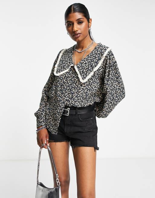 Vila – Langärmlige Hemdbluse in Schwarz mit Kragen und Blumenmuster