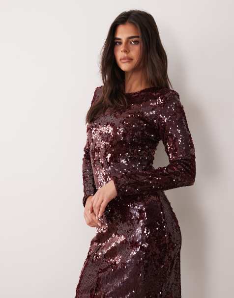 Vila langärmliges Maxikleid mit Pailletten in Burgunderrot - view 1