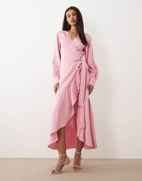 VILA – Langärmliges Midi-Wickelkleid aus Satin in Hellrosa - view 1