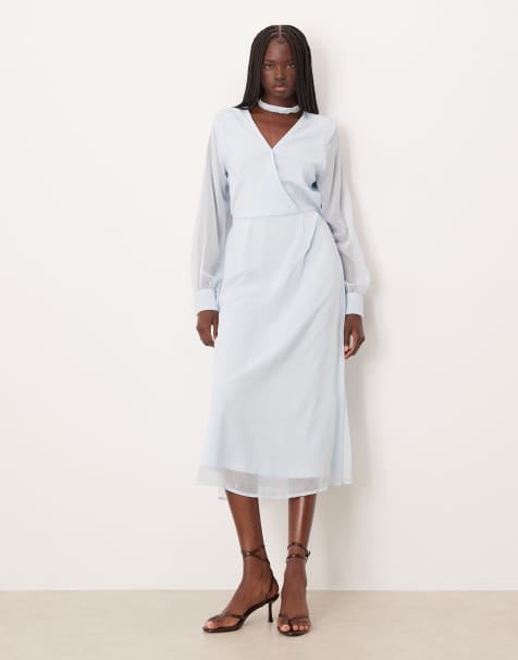 VILA – Langärmliges Midikleid in Hellblau mit V-Ausschnitt - view 1