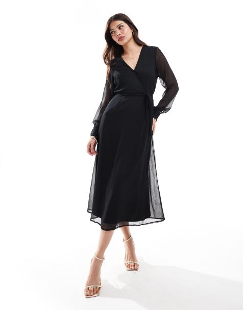 Vila – Langärmliges Midikleid in Schwarz mit V-Ausschnitt - view 1