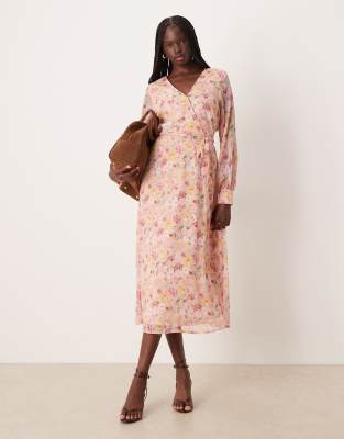 VILA - Langärmliges Midikleid mit V-Ausschnitt und zartem Blumenmuster-Rosa