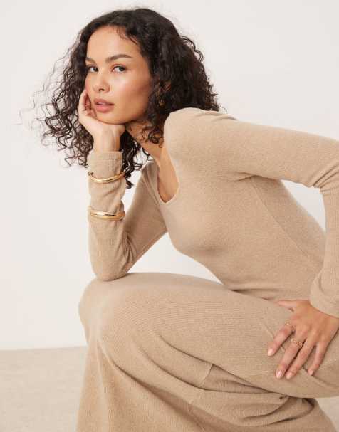 VILA – Langärmliges Strick-Maxikleid in Camel mit quadratischem Ausschnitt - view 1
