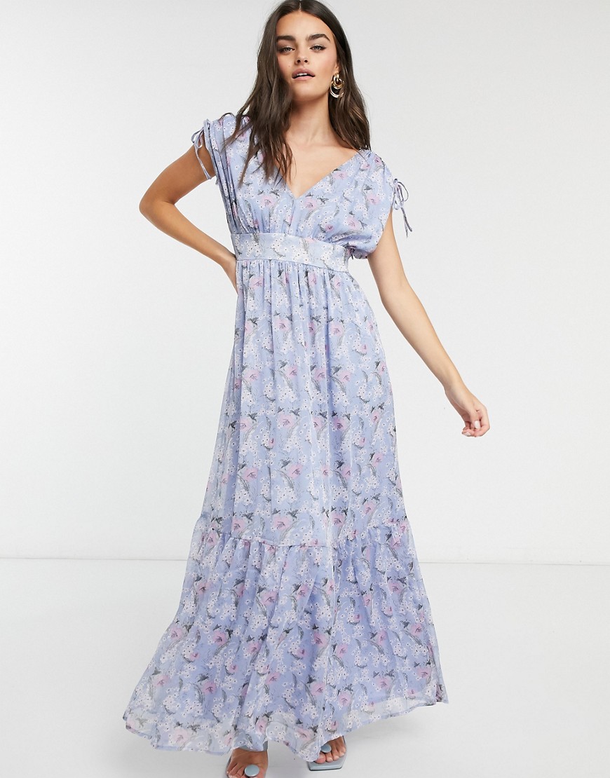 Vila - Lange jurk met gestrikte schouders en blauwe bloemenprint